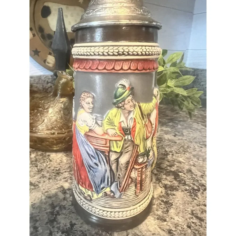 Vtg Gertz Beer Stein Pub Scene Translation “ A Full Glass, A Lot Of Fun” 9”